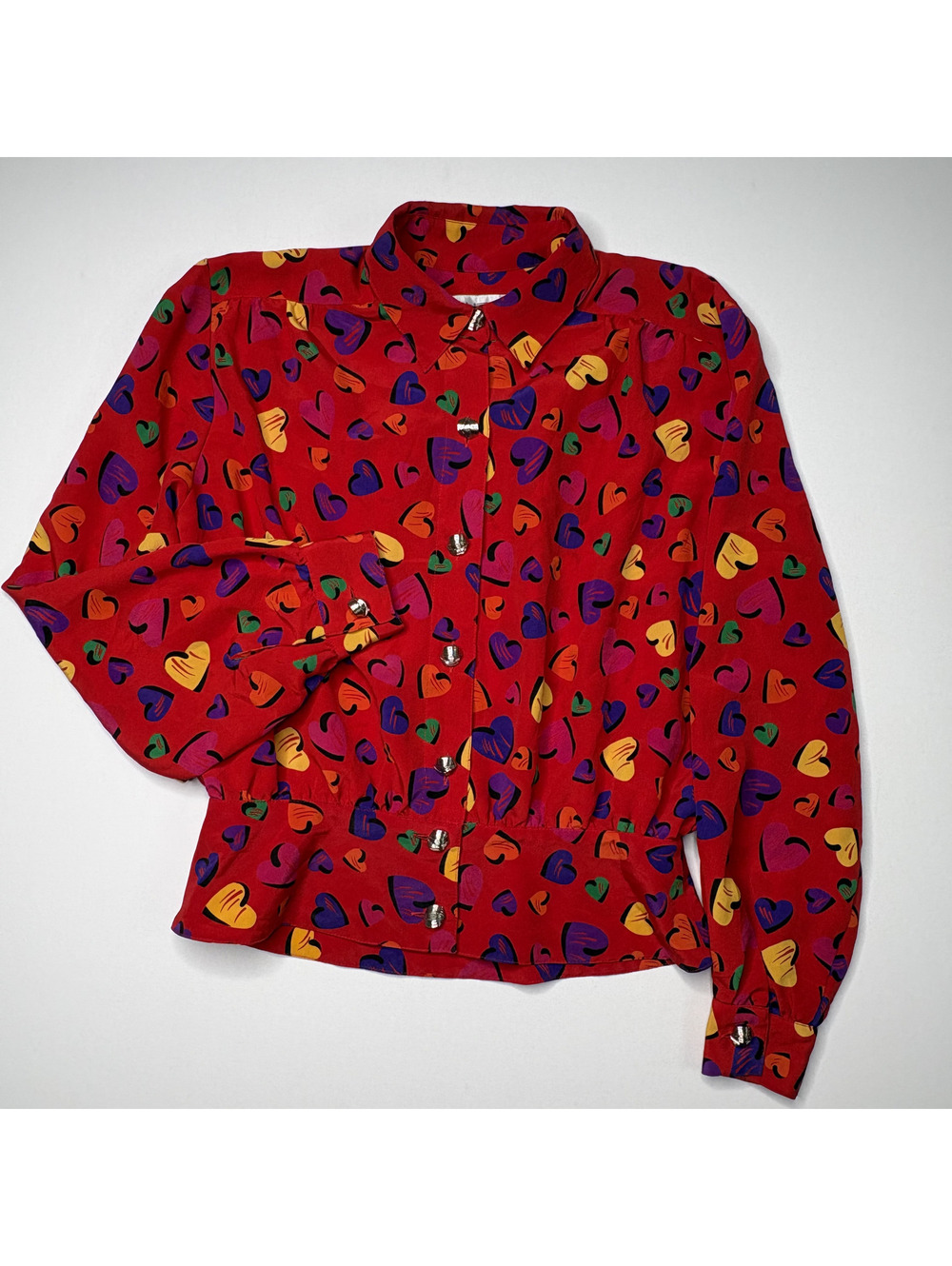 Vintage Chaus Petites Red Heart Pattern Long Sleeve Blouse
